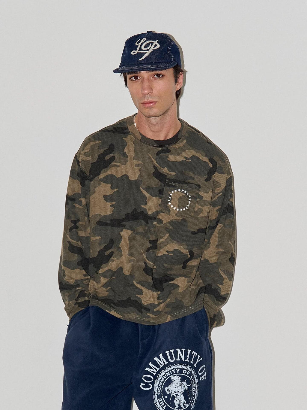LIBERAFIT Vintage Camo Leopard Waffle Star Embroidered Long Sleeve Tee