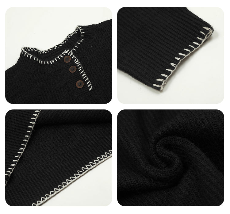 F3F Select White Stitching Henley Neck Knit Sweater