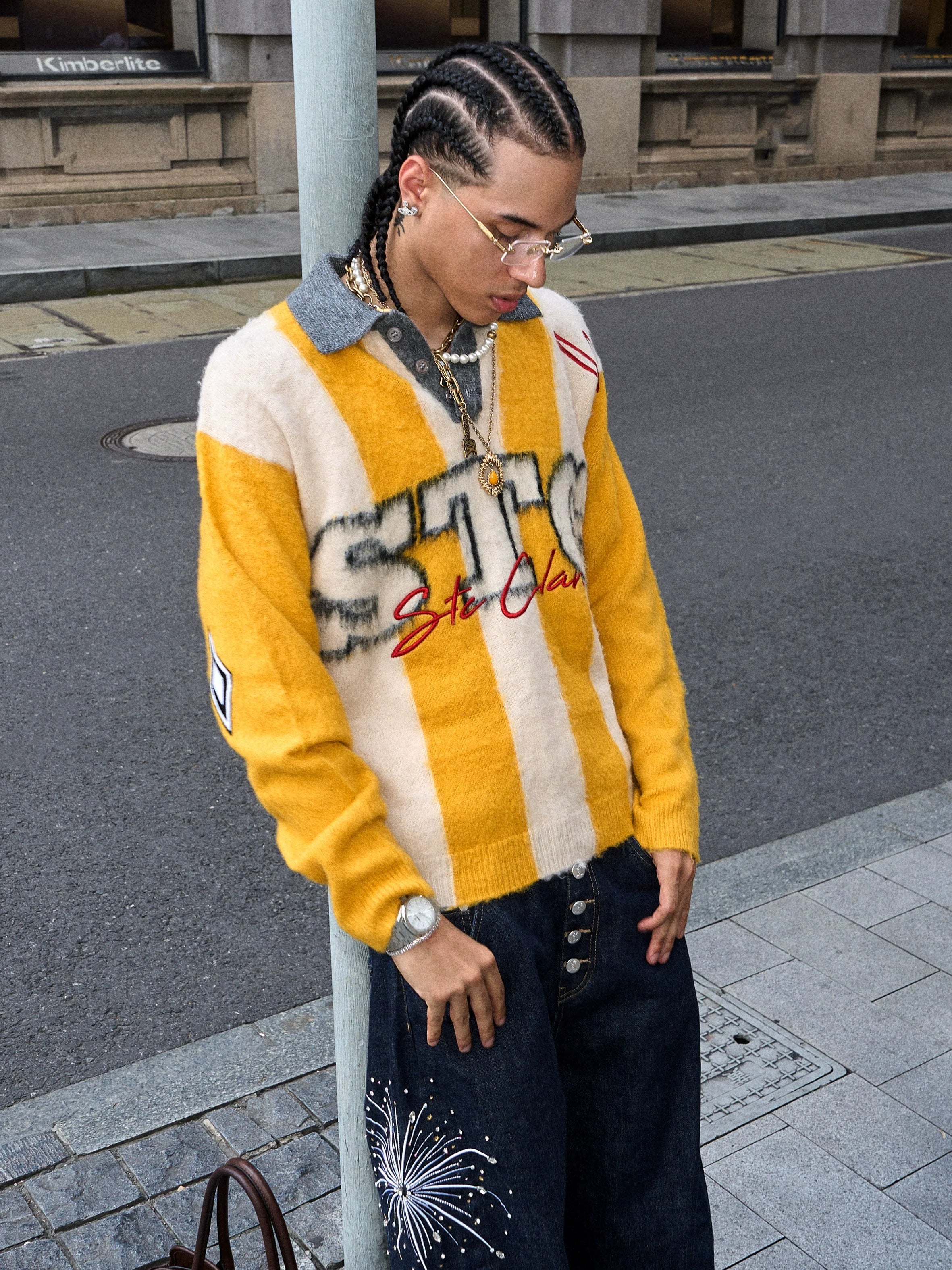 STEEPC Vertical Stripe Brushed Knit Polo Sweater