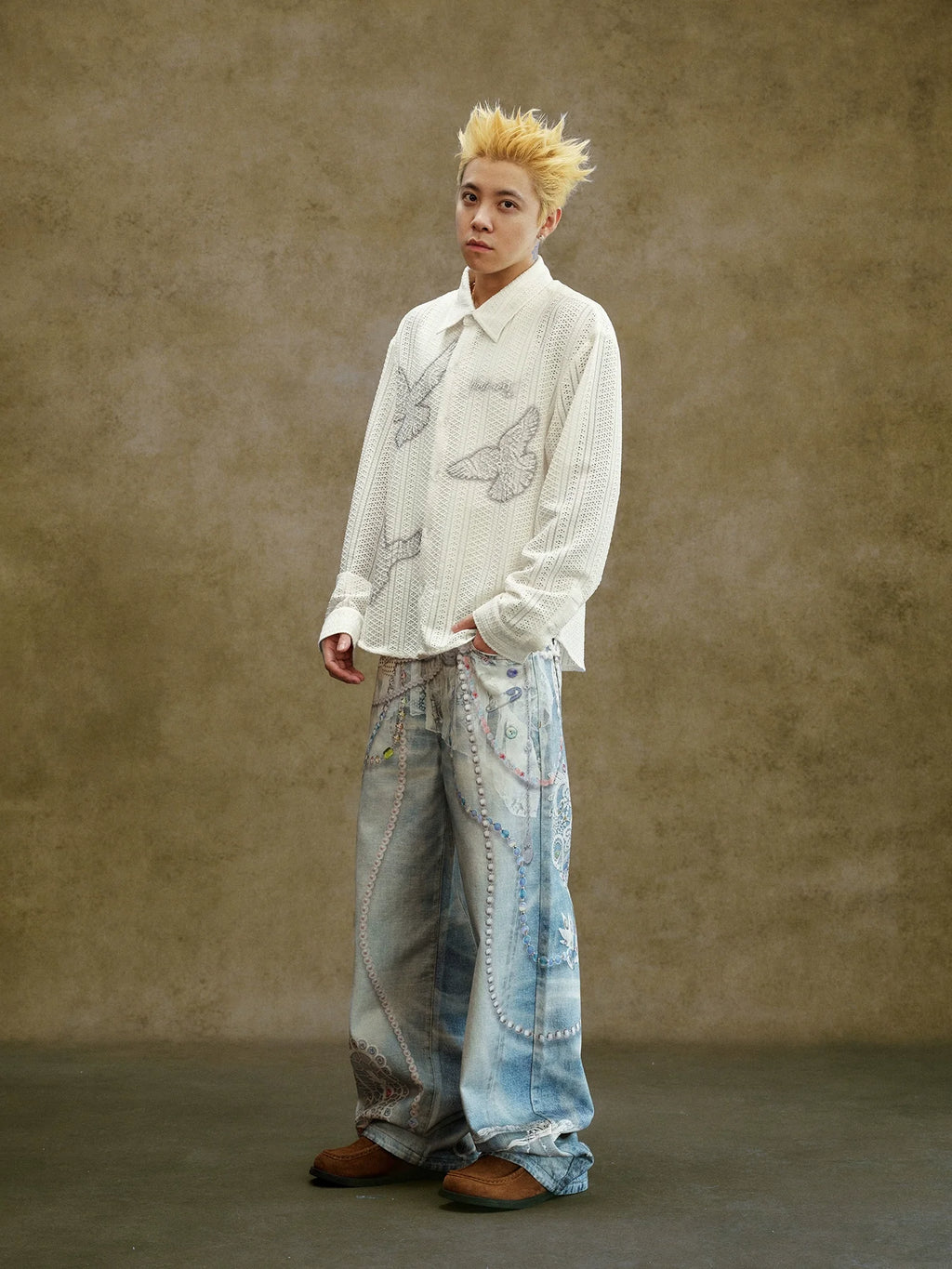 YADcrew Lace Color Bead Chain Photorealistic Print Jeans