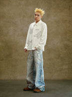 YADcrew Lace Color Bead Chain Photorealistic Print Jeans