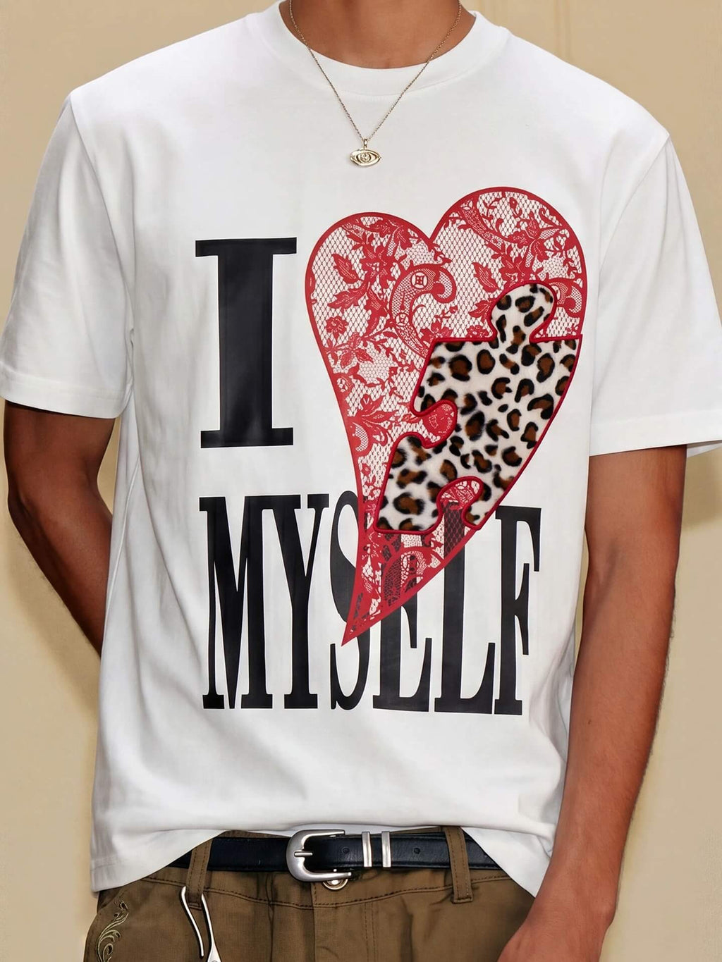 YADcrew Heart Puzzle Patchwork Lace Leopard Tee
