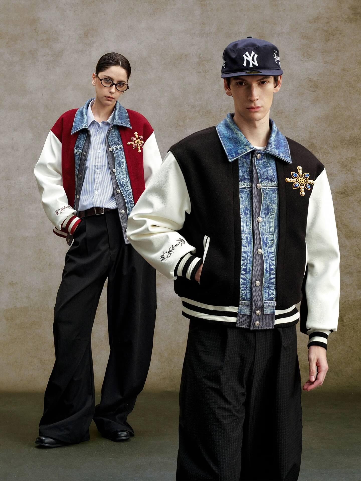 YADcrew Pearl Studded Digital Denim Varsity Jacket