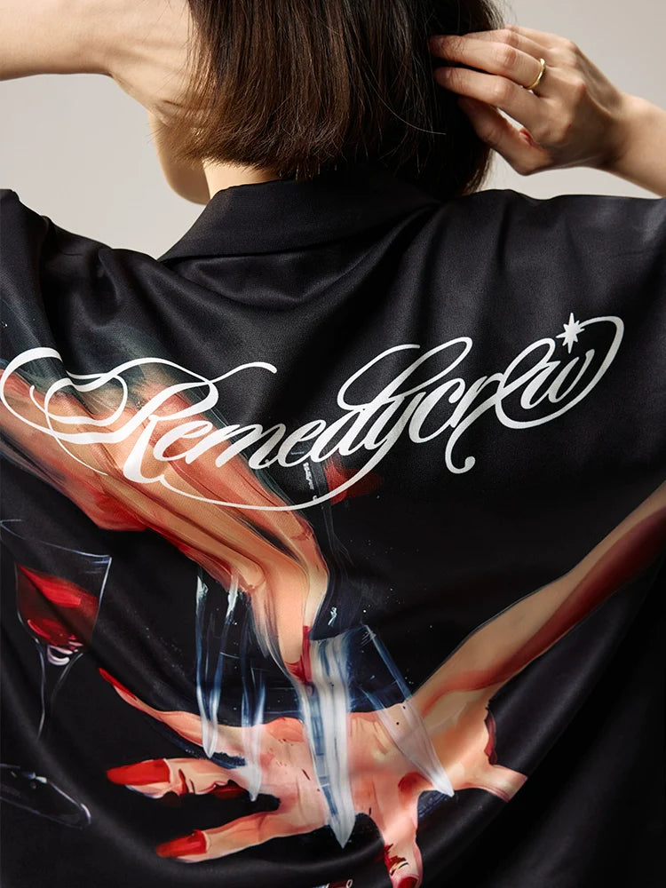 Remedy Finger and Wine Glass Full Print Short Sleeve Cuban Shirt