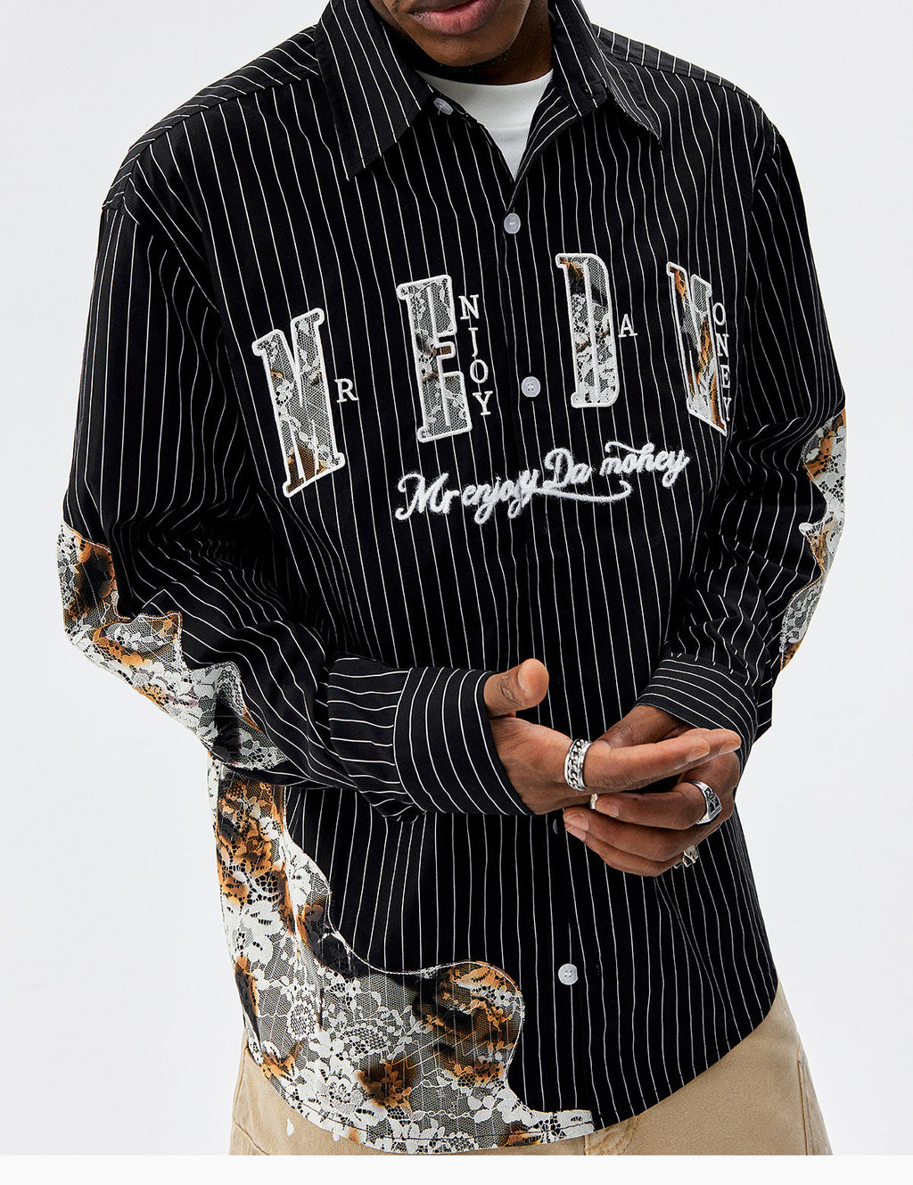 MEDM Lace Embroidered Striped Long Sleeve Shirt