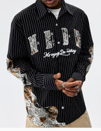 MEDM Lace Embroidered Striped Long Sleeve Shirt