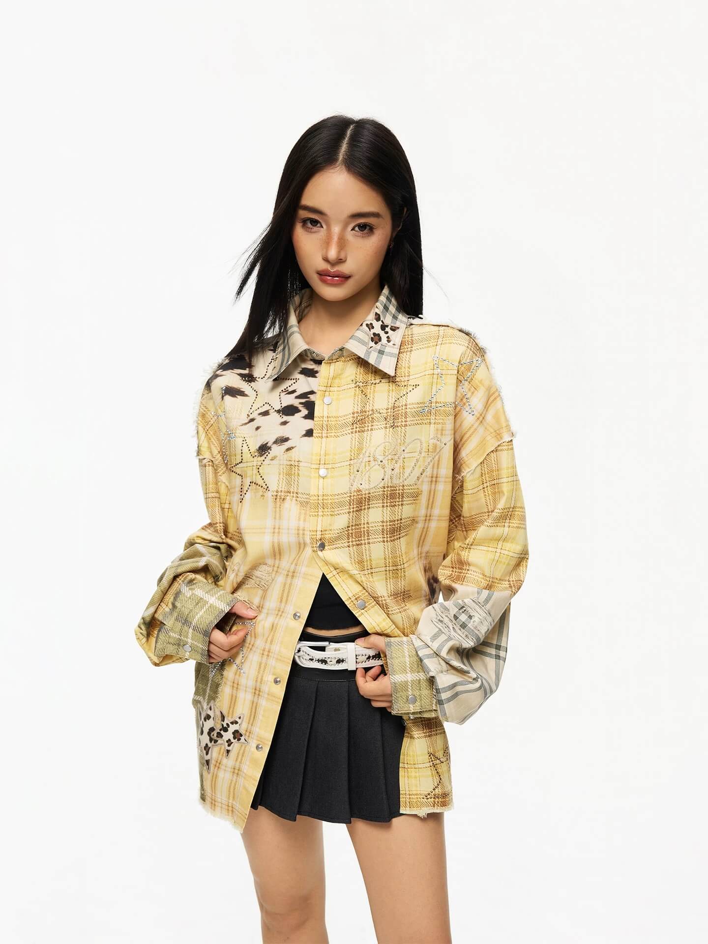 1807 Patchwork Print Plaid Rhinestone Long Sleeve Shirt