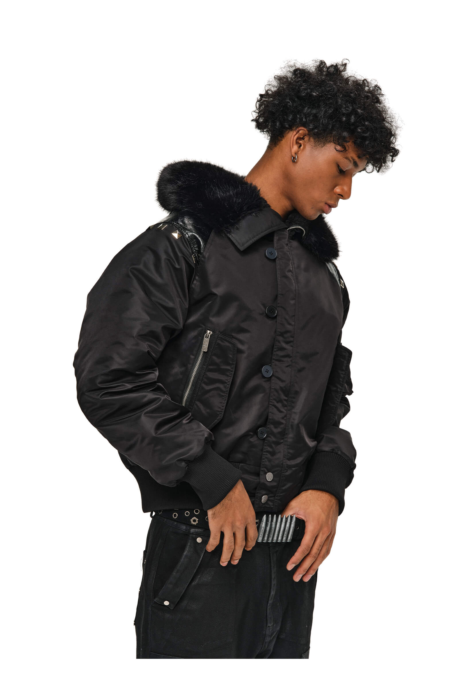 ANTIDOTE Fur Leather Studded N2B Bomber Jacket