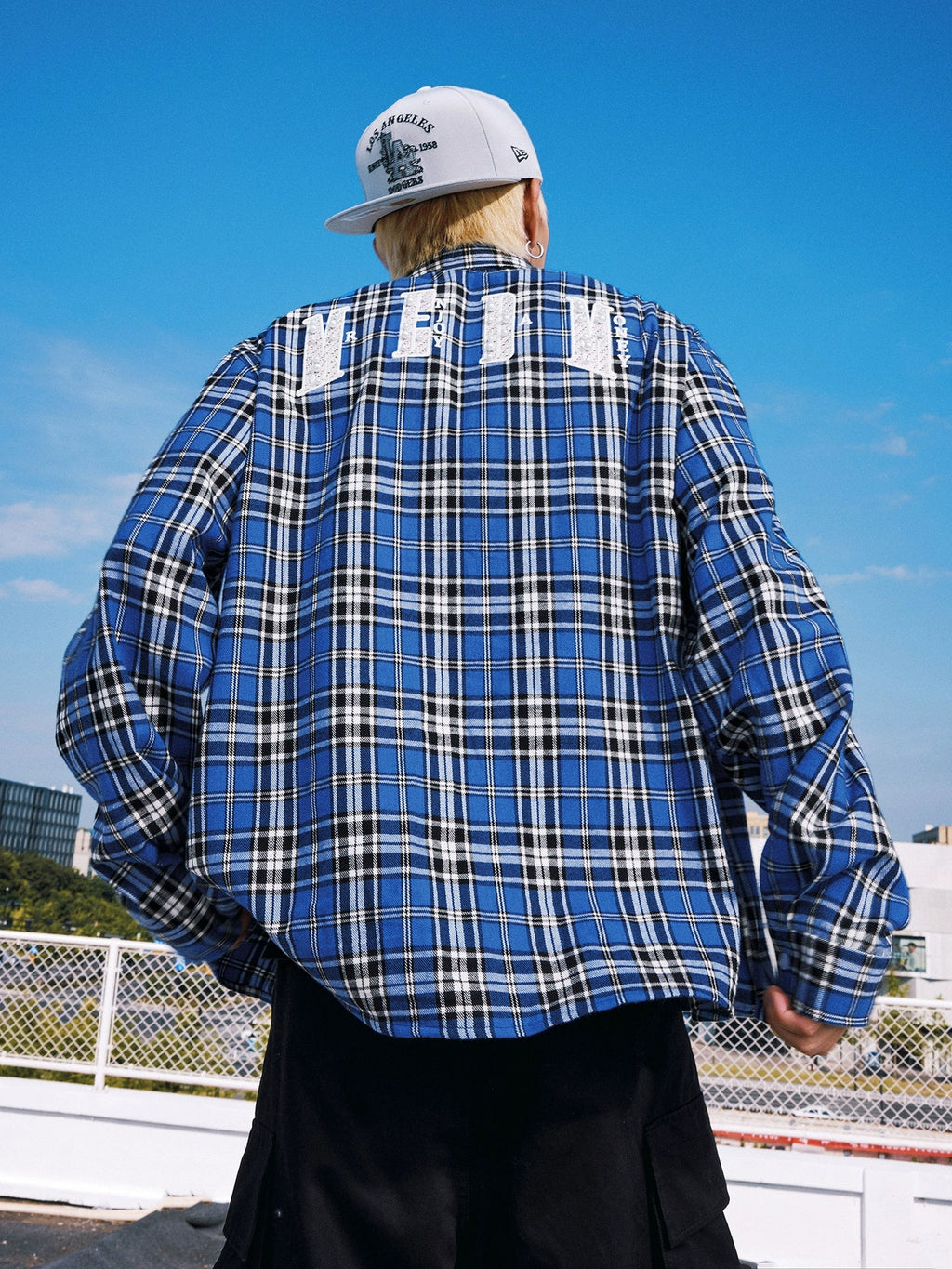 MEDM Blue Pearl Embroidery Plaid Long Sleeve Shirt