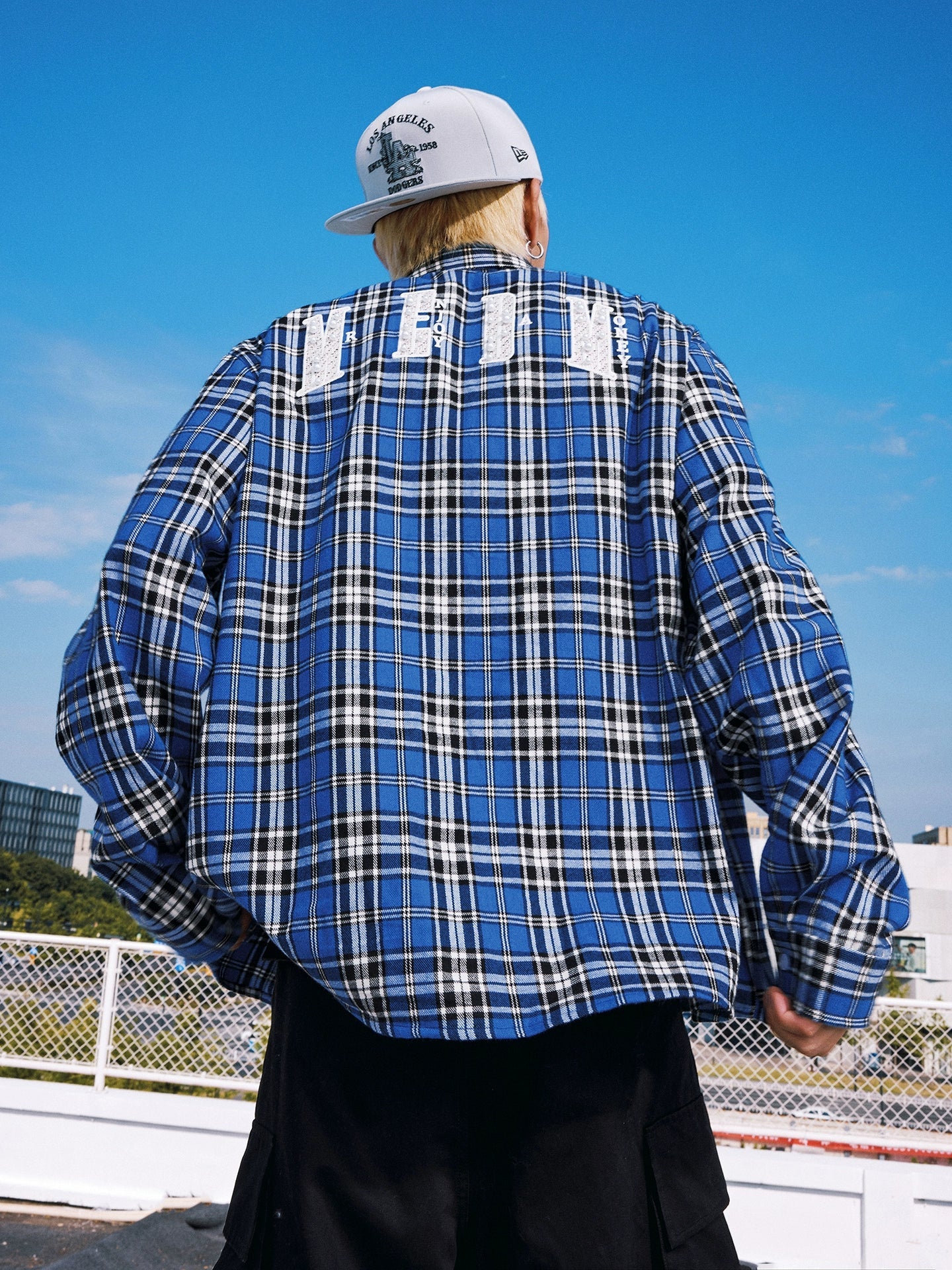 MEDM Blue Pearl Embroidery Plaid Long Sleeve Shirt