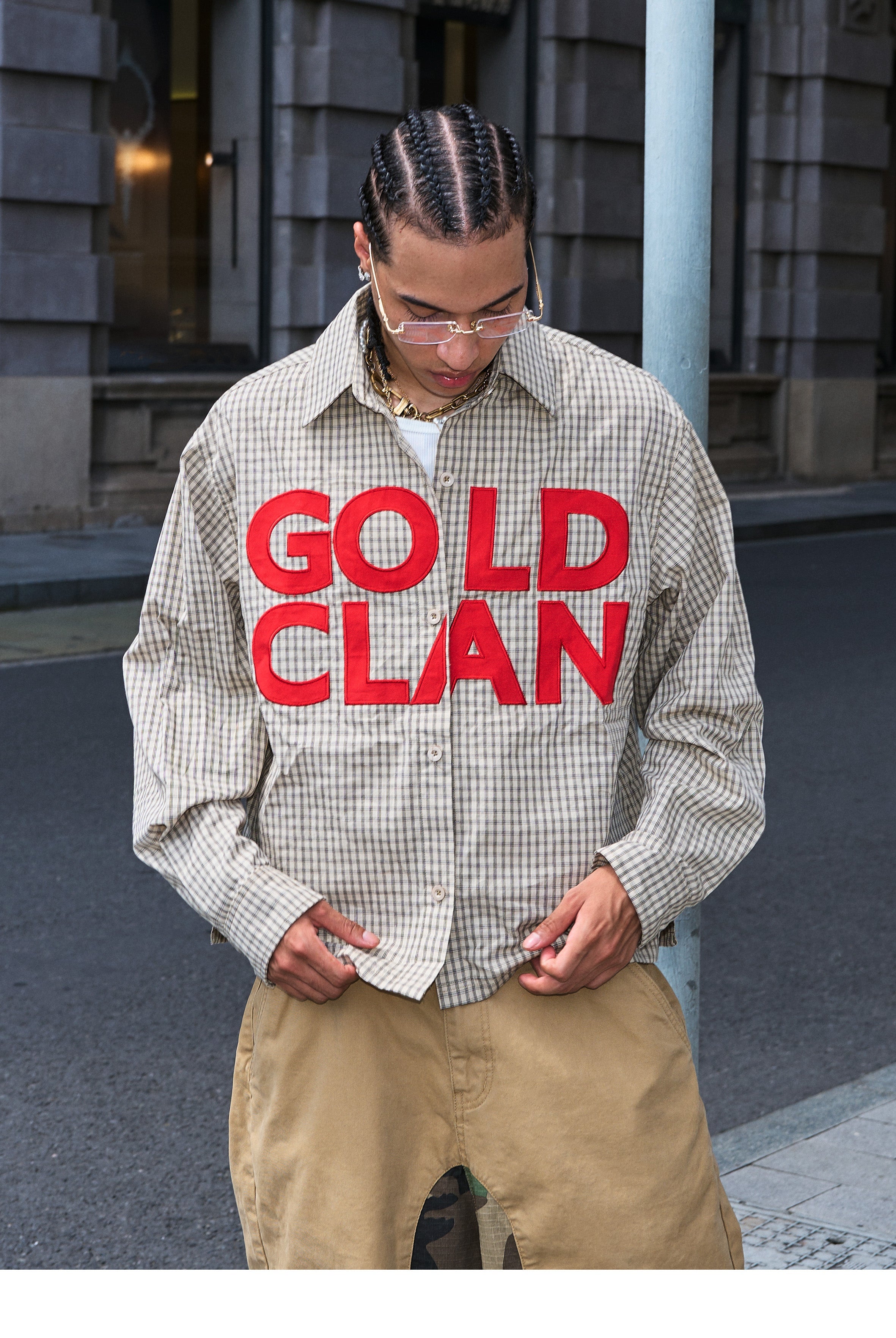 STEEPC Plaid Patch Embroidered Long Sleeve Shirt