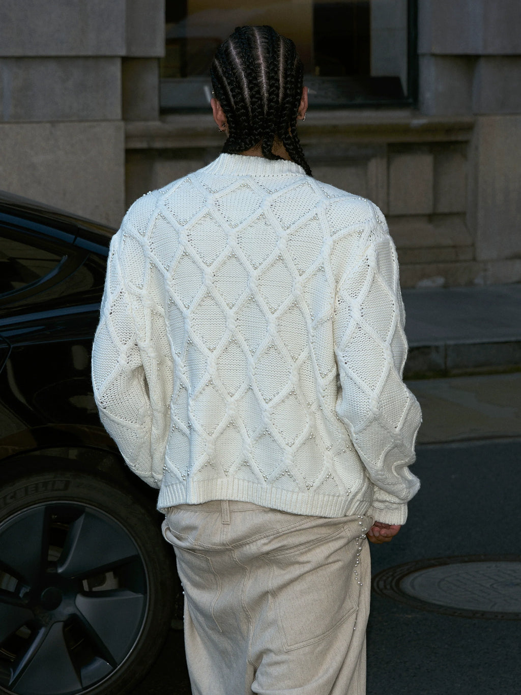 STEEPC Wool Blend Diamond Cable Knit Pearl Cardigan