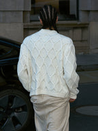 STEEPC Wool Blend Diamond Cable Knit Pearl Cardigan