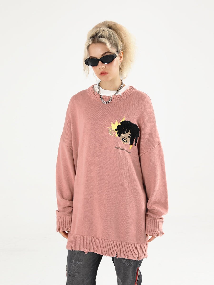 Harsh and Cruel Cartoon Face Distressed Knit Sweater