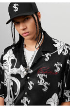 Small Town Kid Monogram Cross Logo Satin Cuban Shirt Set
