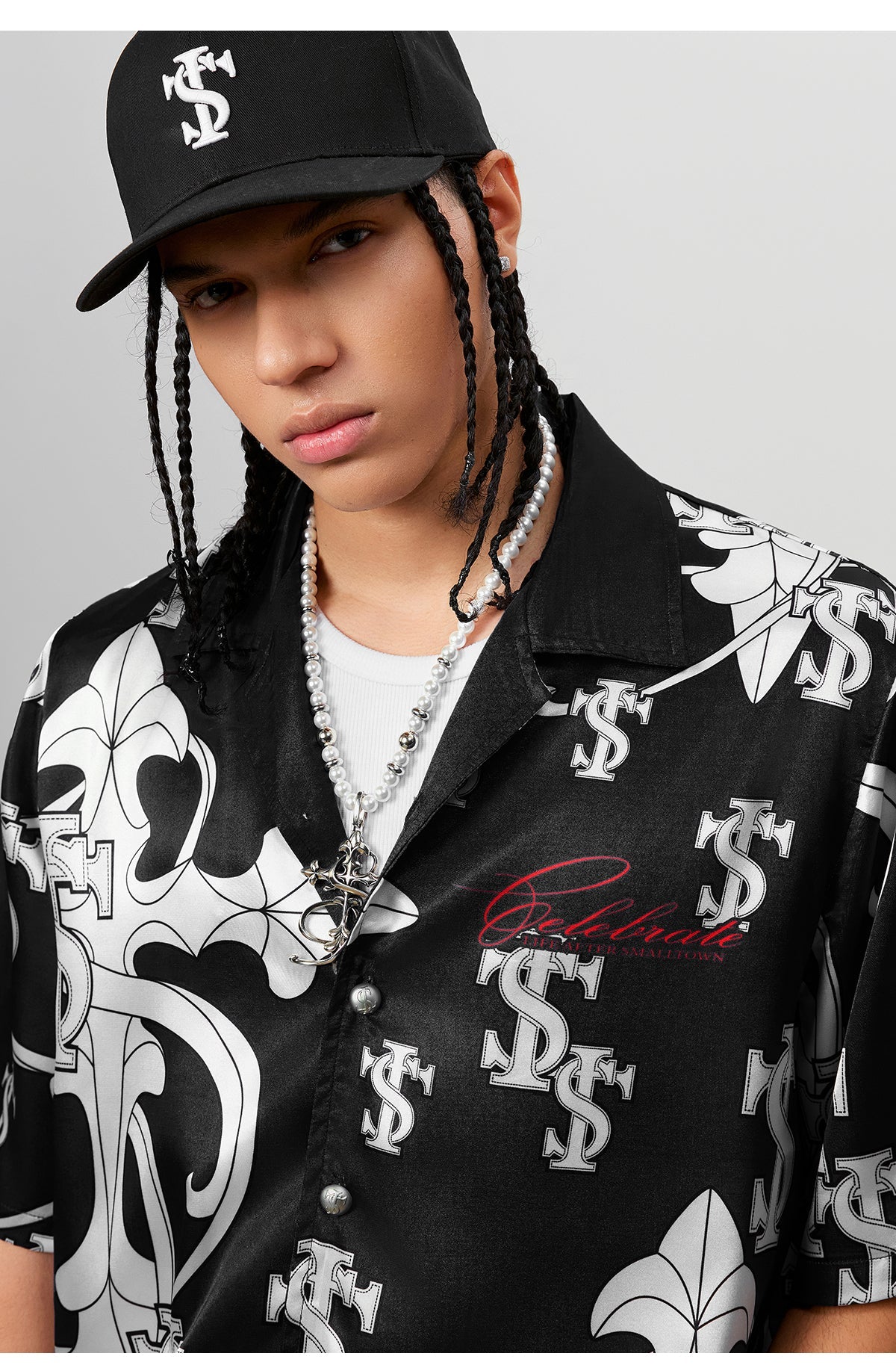 Small Town Kid Monogram Cross Logo Satin Cuban Shirt Set