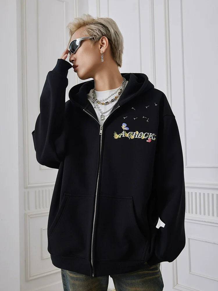 Achock Floral Embroidery Zipper Hoodie
