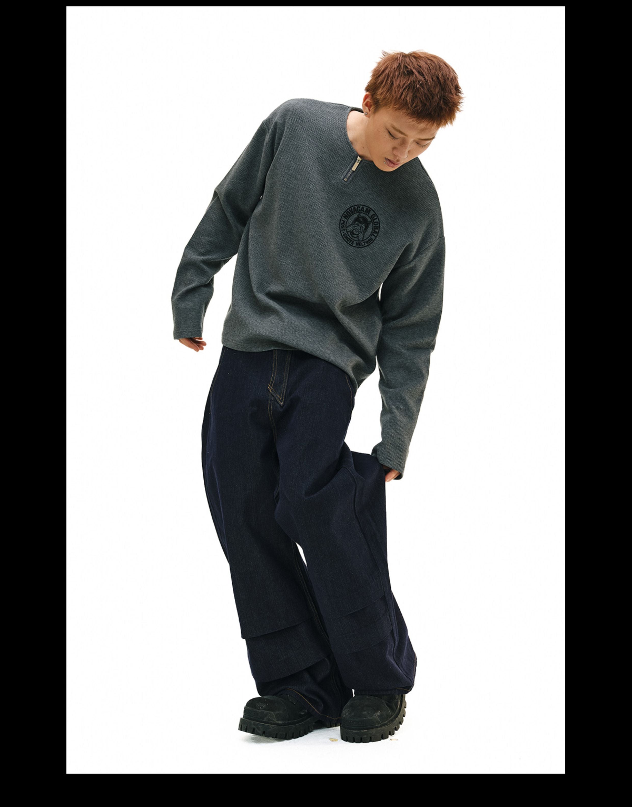 NOVACAM Waffle Vintage Print Zip Long Sleeve Tee