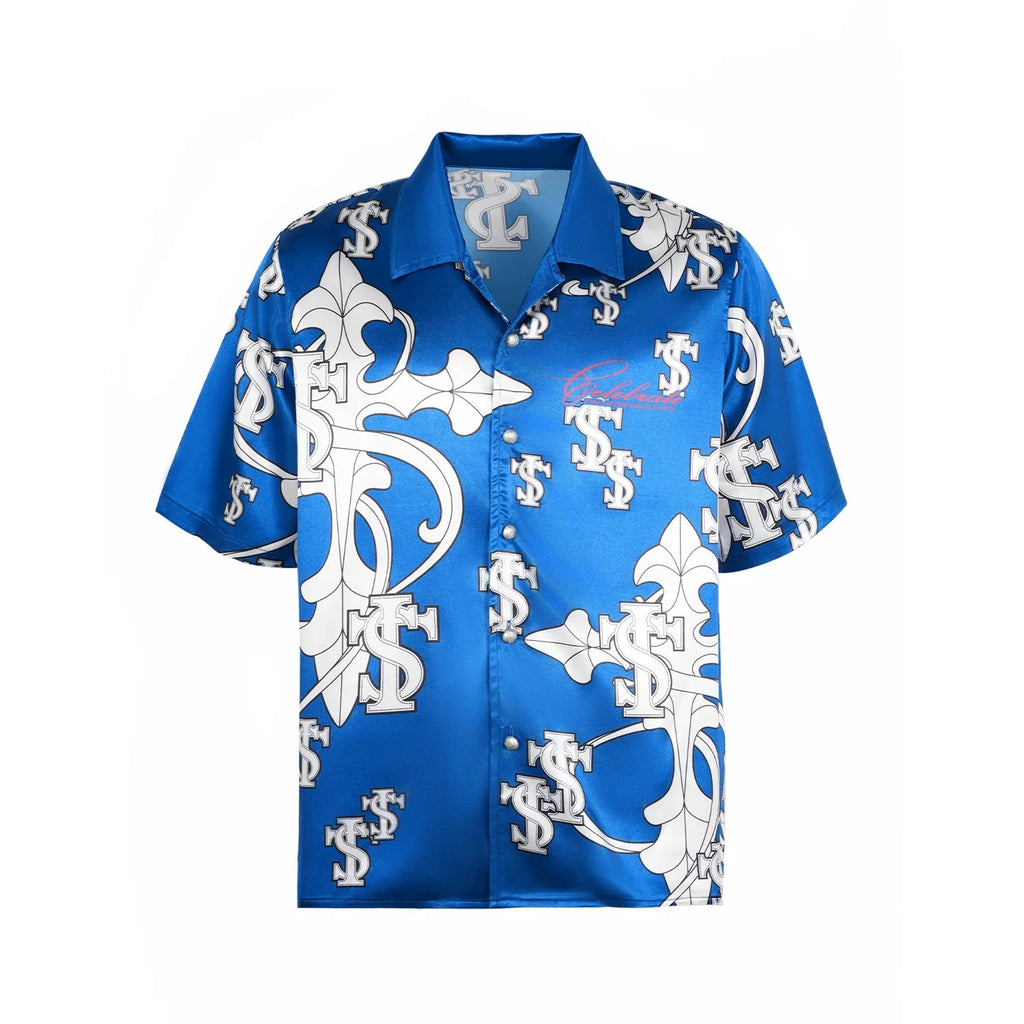 Small Town Kid Monogram Cross Logo Satin Cuban Shirt Set