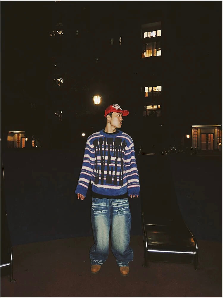 EVETS Logo Striped Fuzzy Knit Sweater