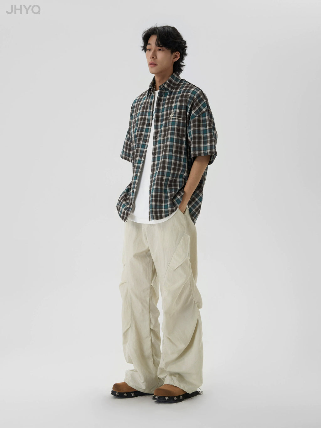 JHYQ Beaded Shoulder Plaid Short Sleeve Shirt