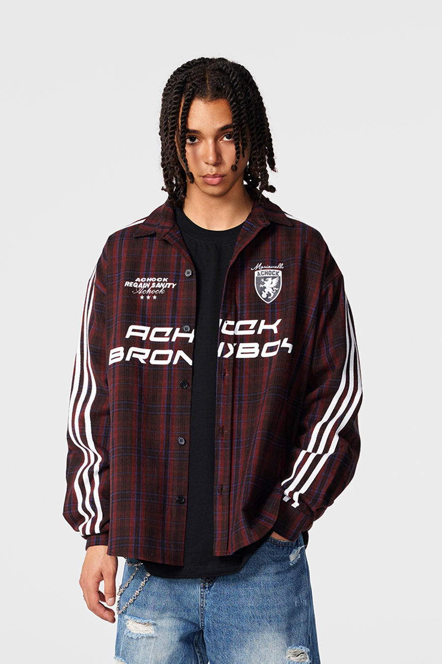 Achock Striped Patchwork Plaid Long Sleeved Shirt