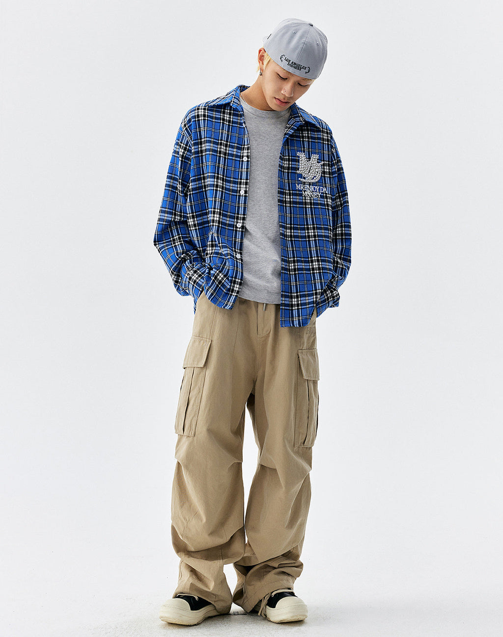 MEDM Blue Pearl Embroidery Plaid Long Sleeve Shirt