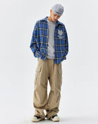MEDM Blue Pearl Embroidery Plaid Long Sleeve Shirt