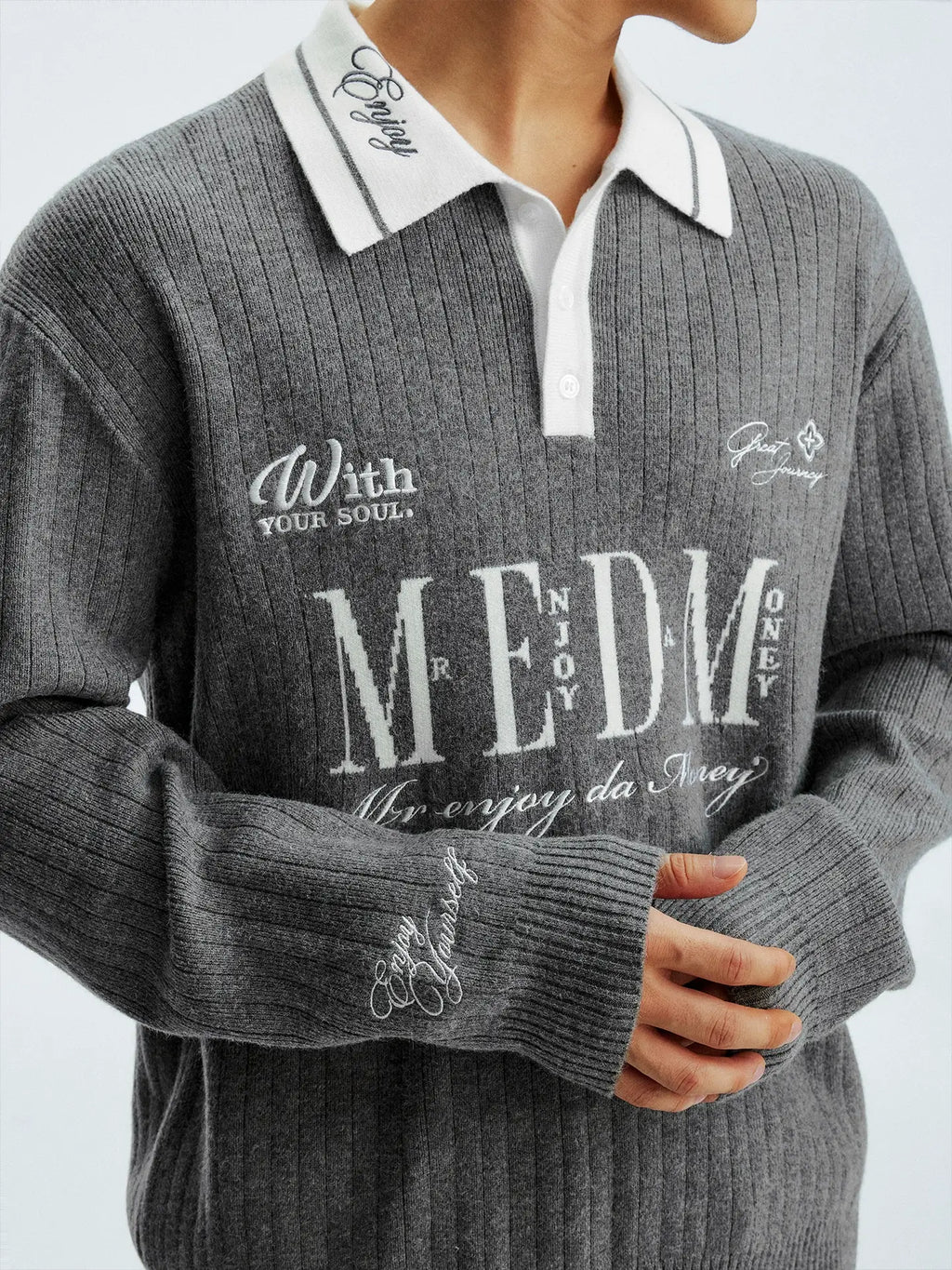 MEDM Color Blocked Long Sleeve Knit Polo Sweater