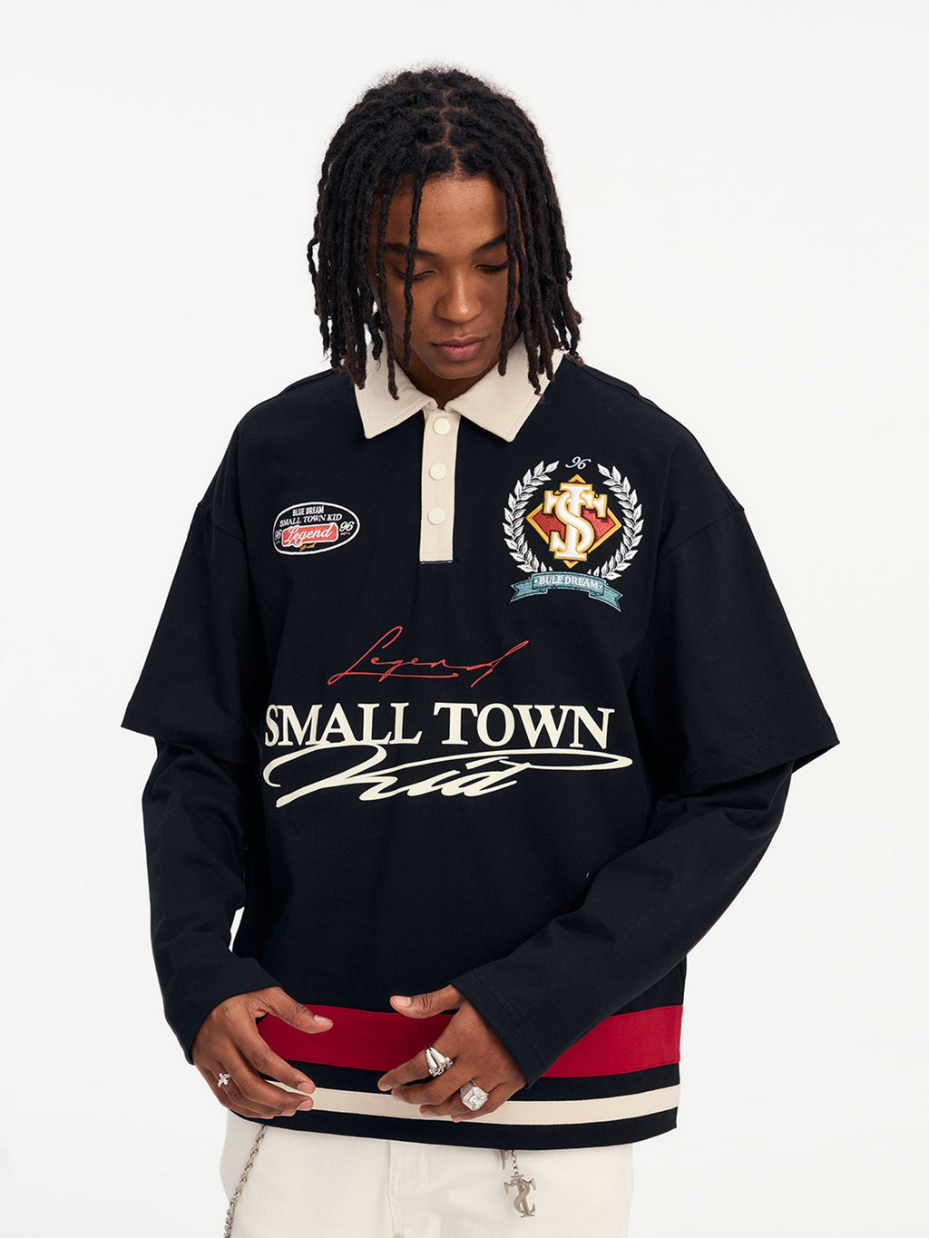 Small Town Kid 3D Embroidered Badge Fake Two-Piece Long-Sleeve Polo