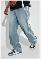 DICETINY Side Striped Floral Embroidered Washed Jeans