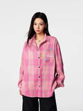 Achock Flower Embroidery Plaid Long Sleeved Shirt