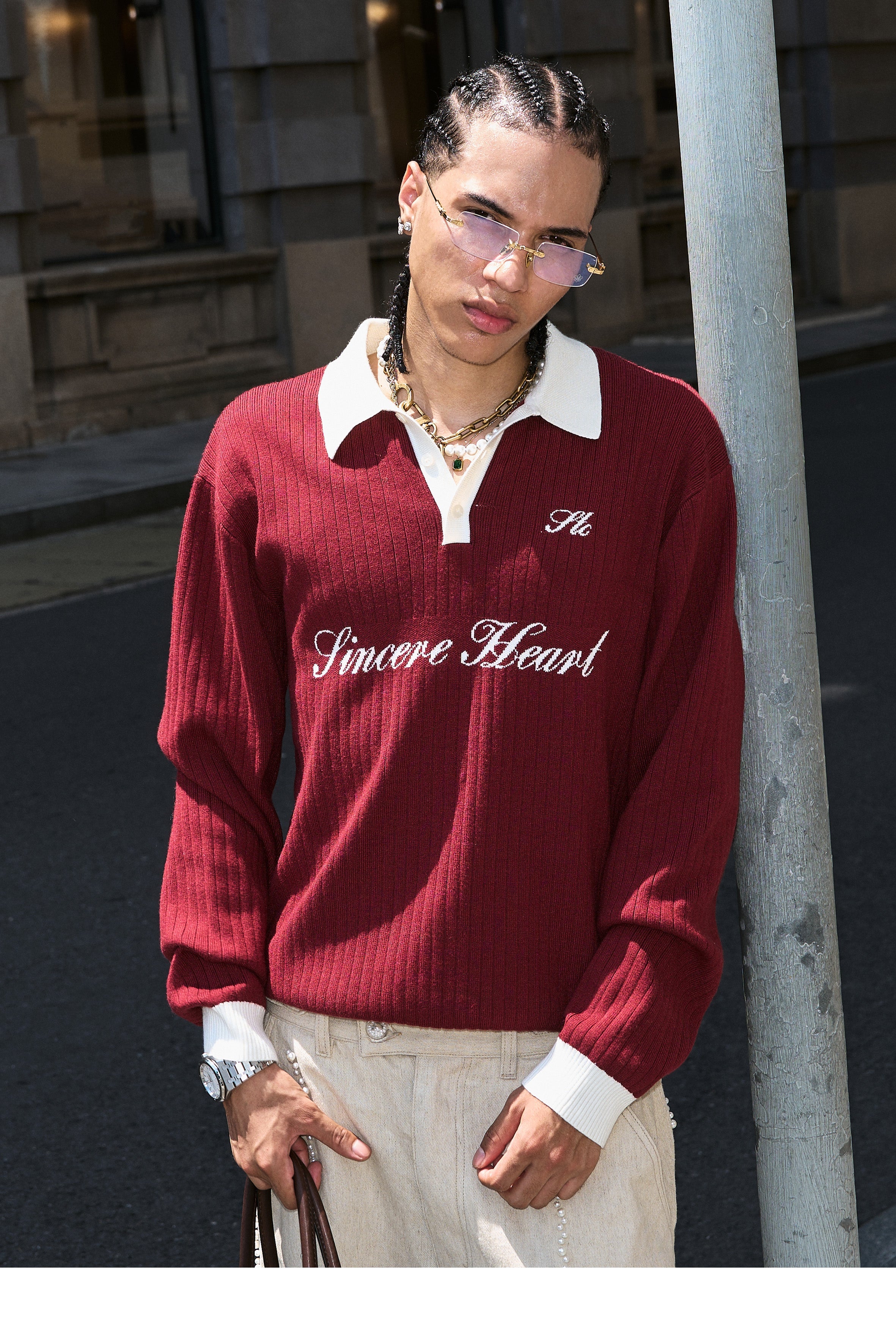 STEEPC Contrast Lapel Polo Knit Sweater
