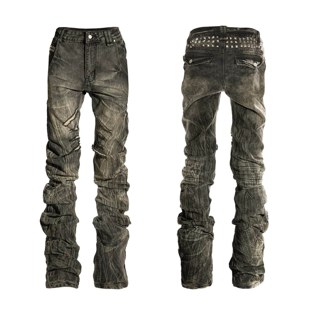 Night Lab Rock Rivet Washed Distressed Curved Slim Fit Jeans