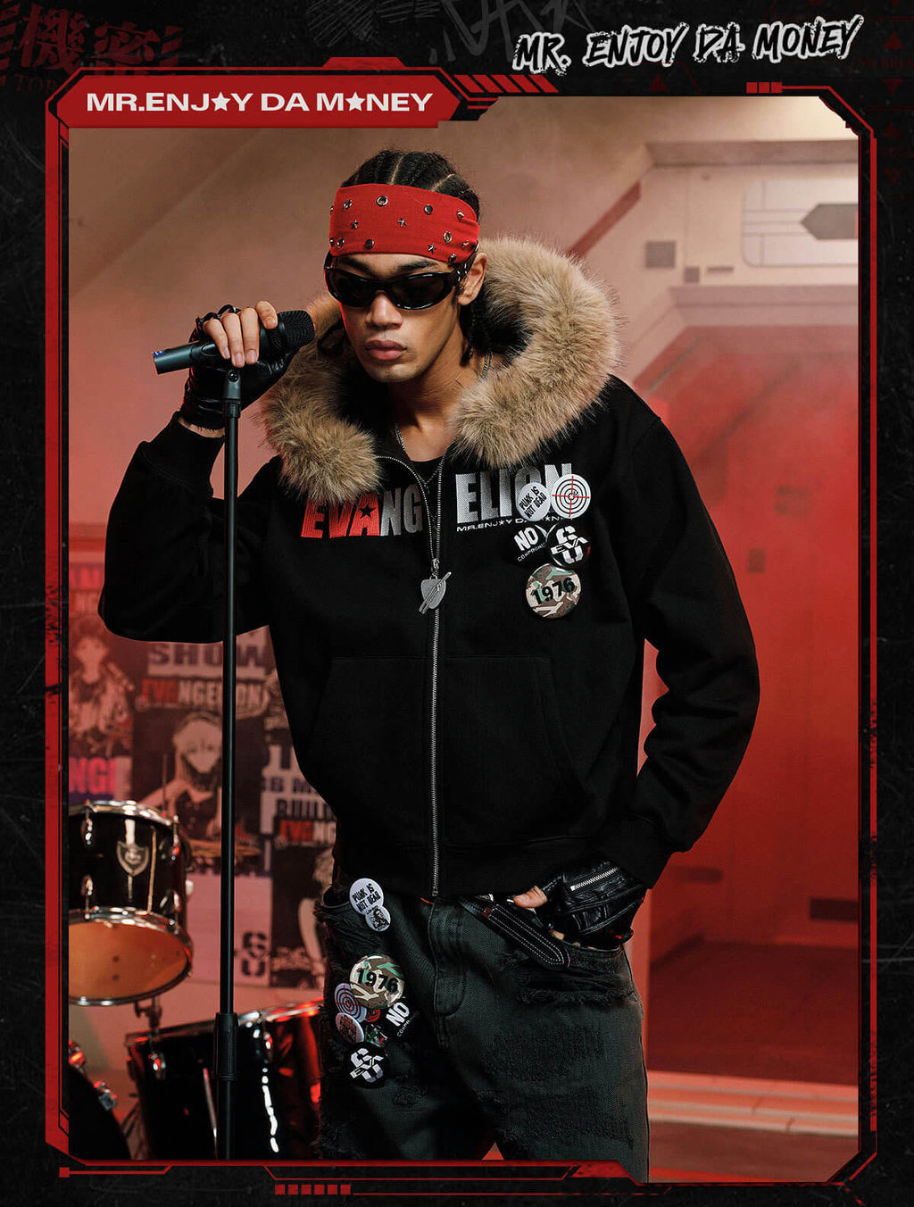 MEDM x EVA NEVER END Character Print Logo Embroidered Fur Hood Zip Up Hoodie