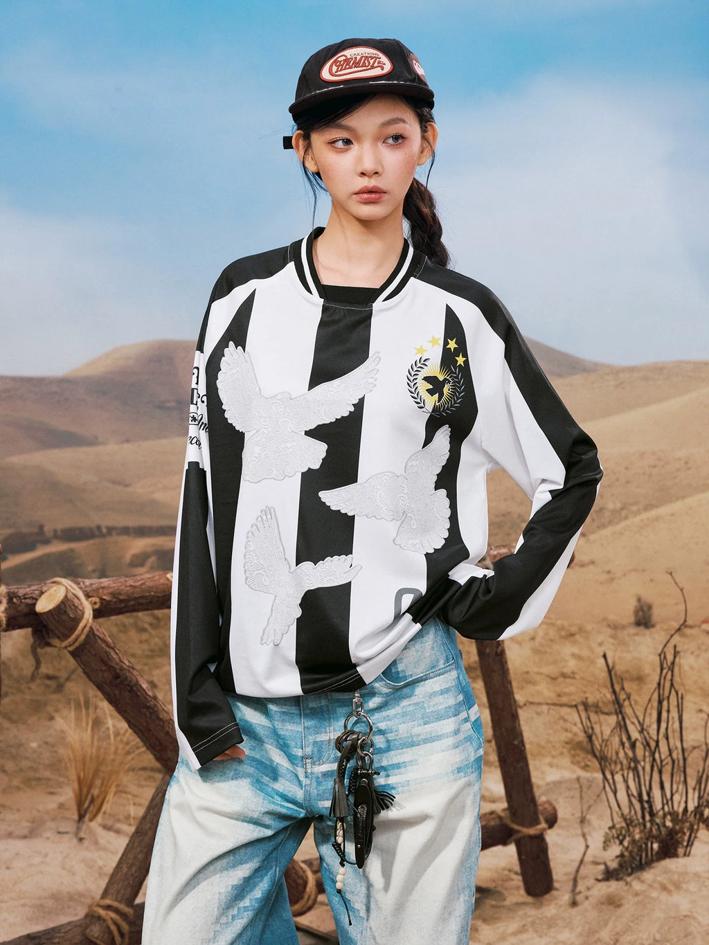 YADcrew Lace Peace Dove Striped Long Sleeve Soccer Jersey