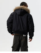MEDM Animal Logo Patch Fur Hooded Bomber Jacket