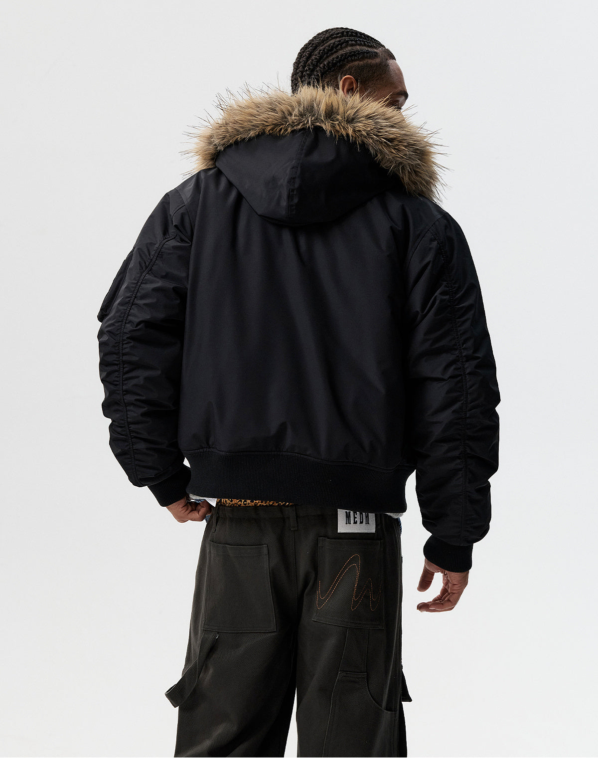 MEDM Animal Logo Patch Fur Hooded Bomber Jacket