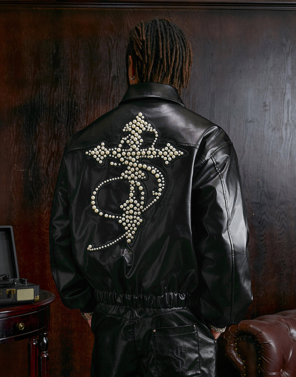 Small Town Kid Pearl Cross Logo PU Leather Racing Jacket