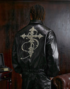 Small Town Kid Pearl Cross Logo PU Leather Racing Jacket