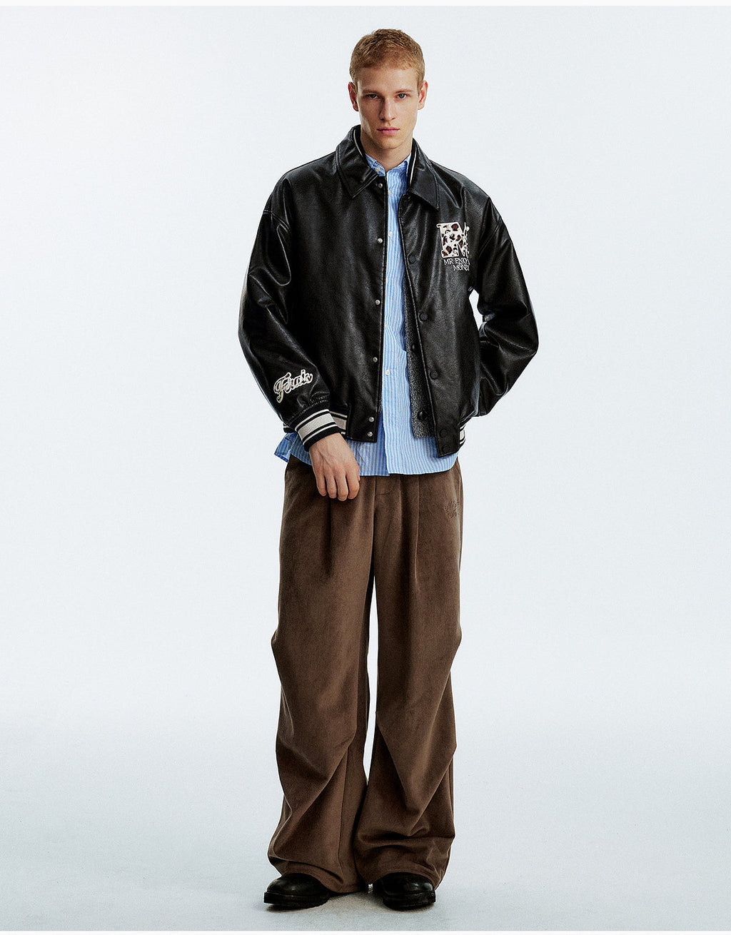 MEDM Leopard Patch Pearl PU Leather Varsity Jacket