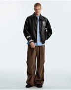 MEDM Leopard Patch Pearl PU Leather Varsity Jacket