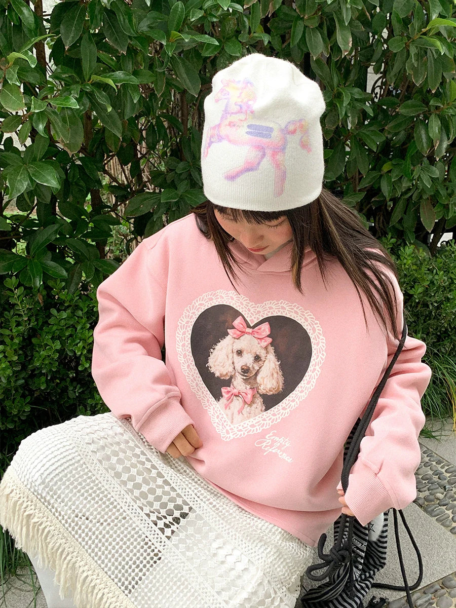 EMPTY REFERENCE Lace Heart Puppy Print Hoodie