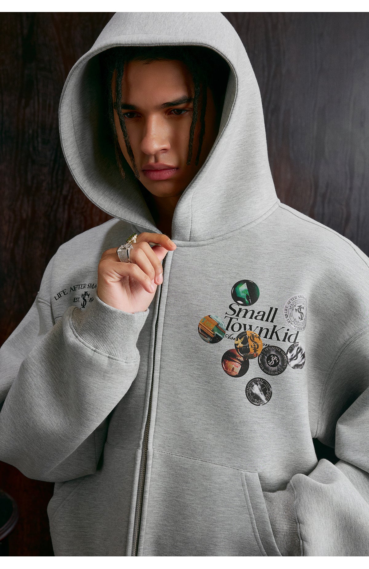 Small Town Kid Badge Logo Print Zip Up Hoodie