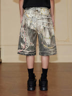 YADcrew Denim Pearl Bead Chain Digital Print Shorts