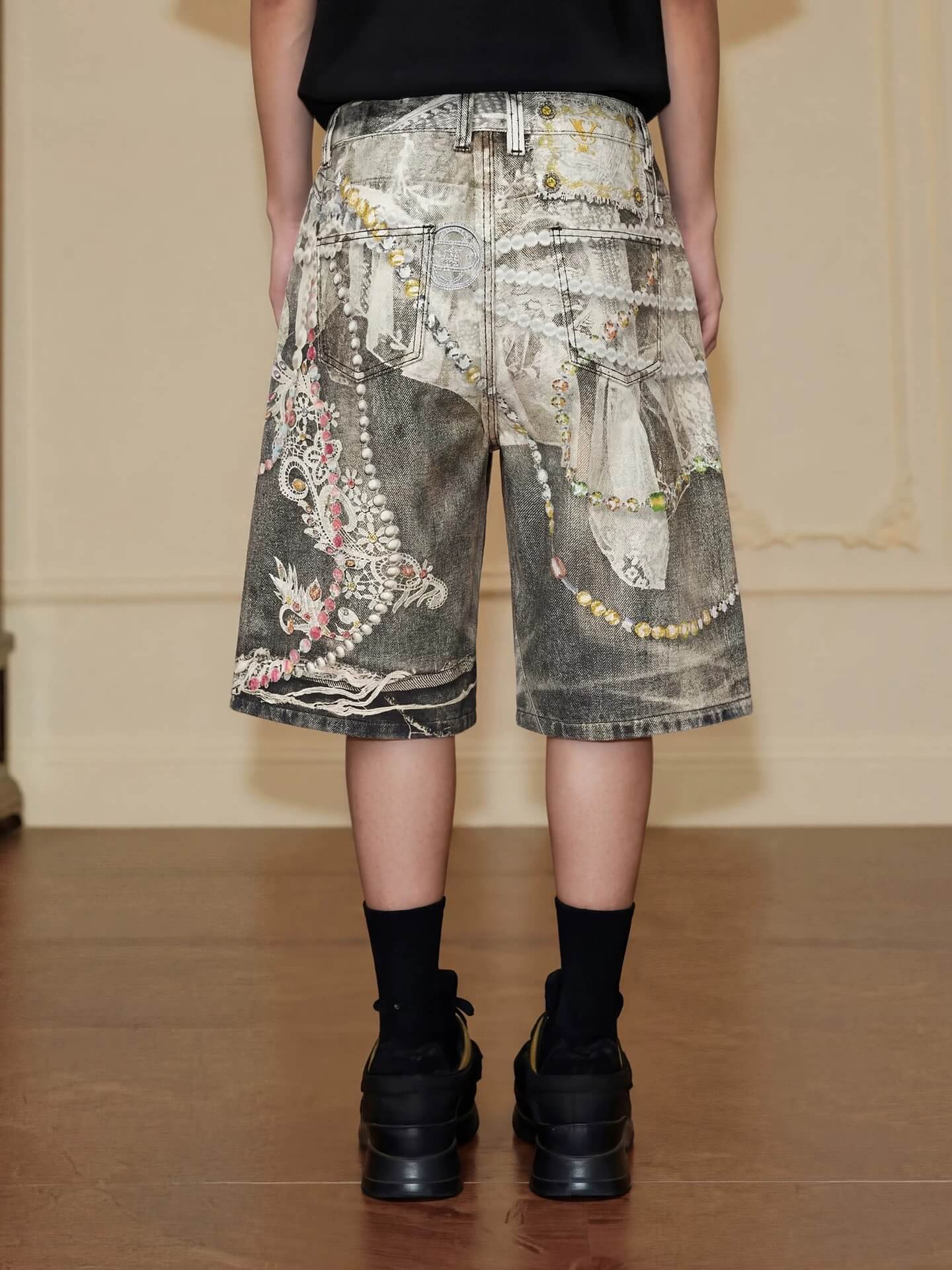 YADcrew Denim Pearl Bead Chain Digital Print Shorts
