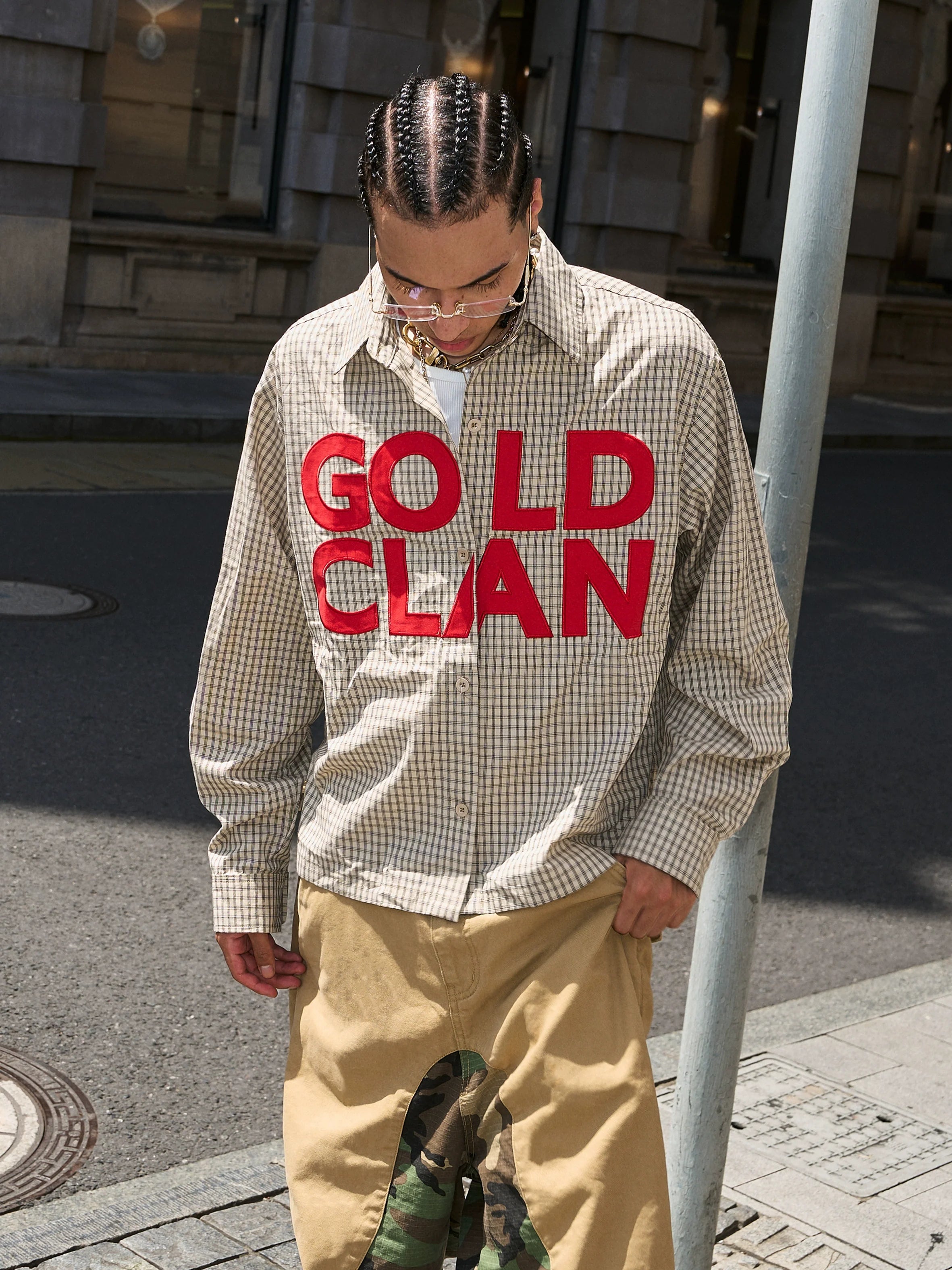 STEEPC Plaid Patch Embroidered Long Sleeve Shirt