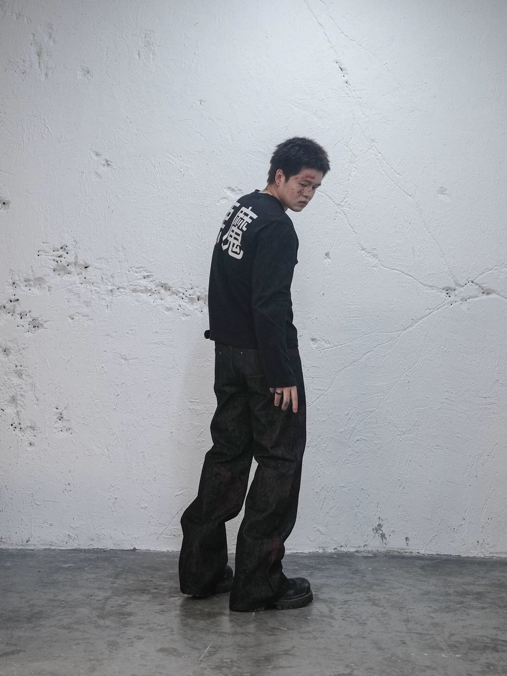 UNDERWATER Black Demon Print Distressed Long Sleeve Tee