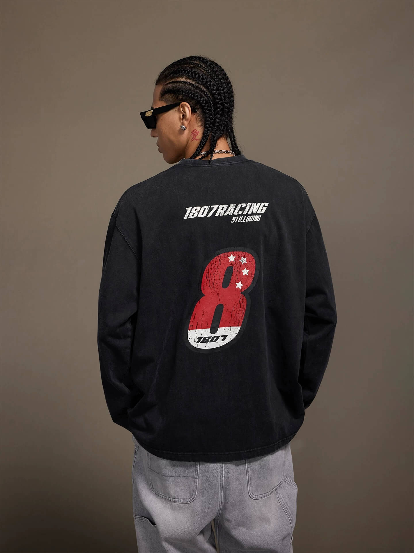 1807 Racing Vintage Printed Distressed Long Sleeve Tee