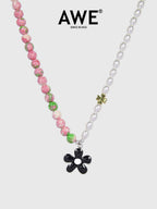AWE Black Sunflower Pendant Stone Pearl Chain Necklace